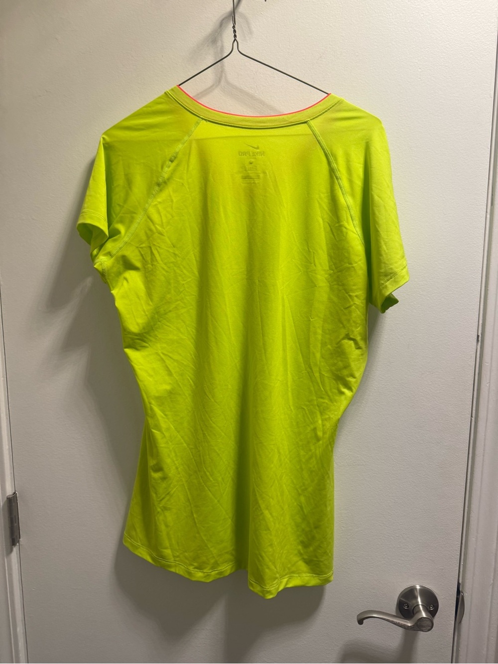 *Nike Womenâs Short Sleeve V-Neck Tee in Neon Yellow with Coral Logo - Picture 2 of 4